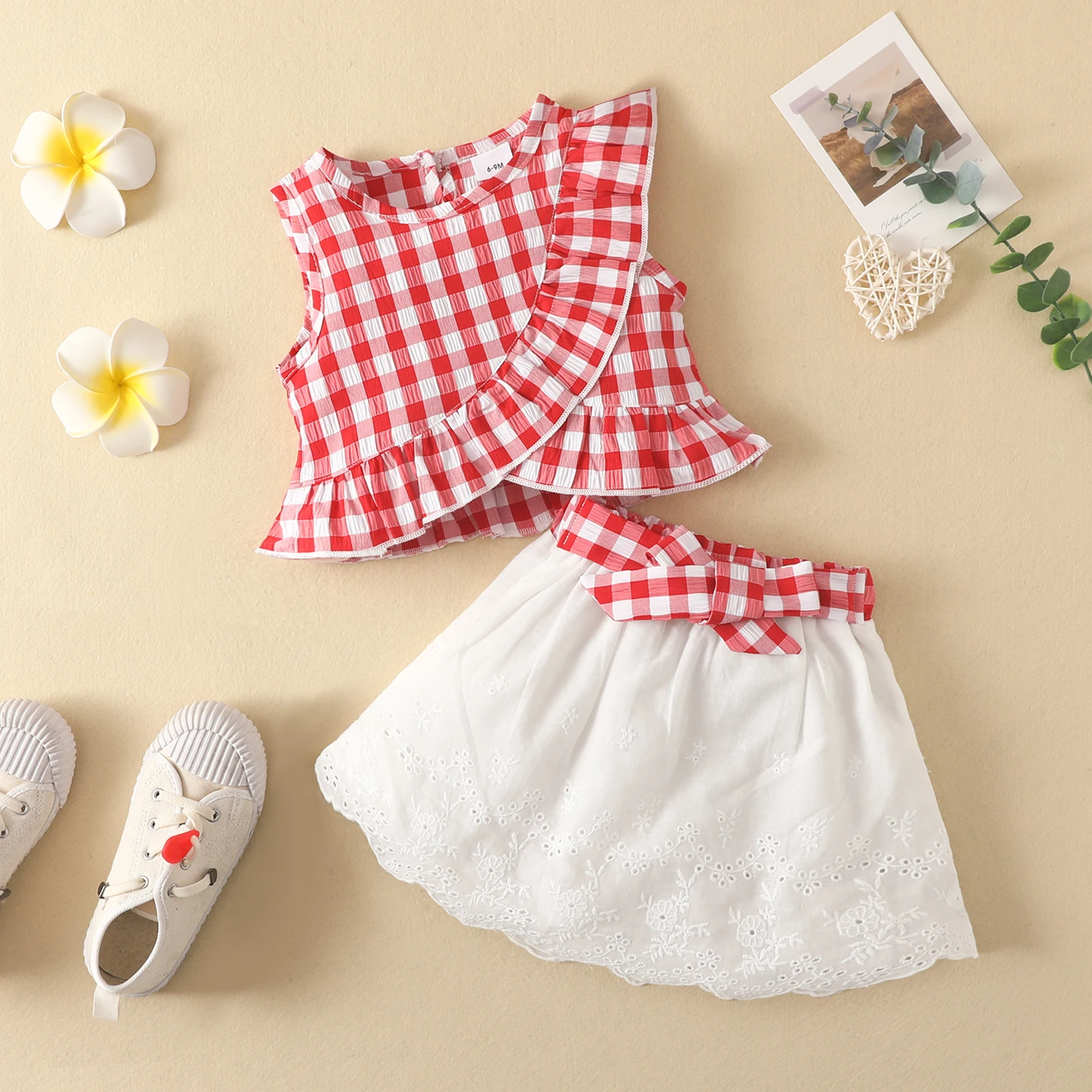 Kid Size: 6M, Color: Blue - Charming Girls' Summer Ensemble: Sleeveless Plaid Ruffle Top & Lace Hem Skirt - Comfy, Durable & Stylish