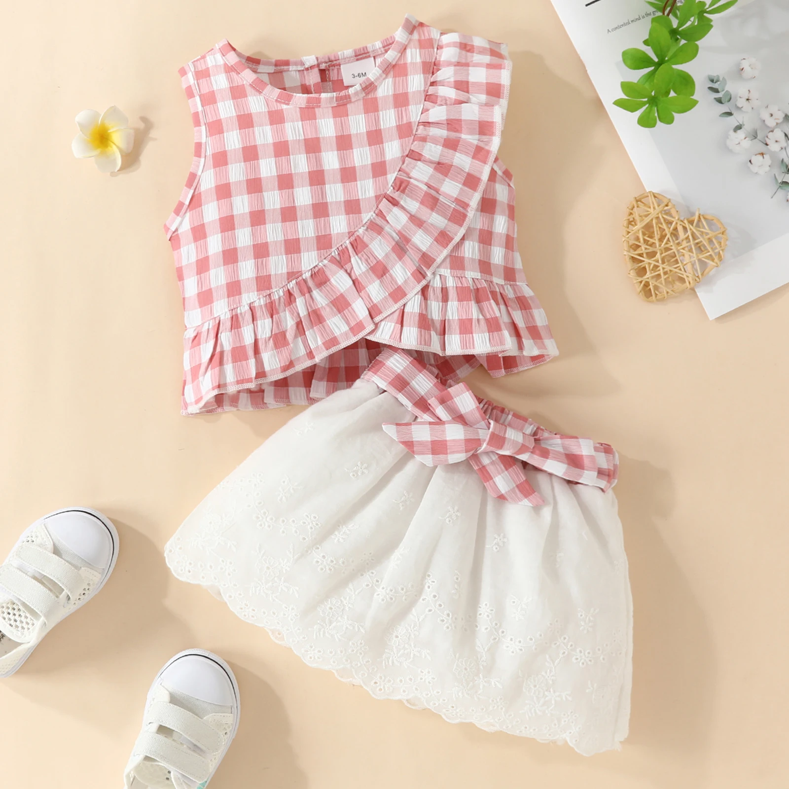 Kid Size: 6M, Color: Blue - Charming Girls' Summer Ensemble: Sleeveless Plaid Ruffle Top & Lace Hem Skirt - Comfy, Durable & Stylish