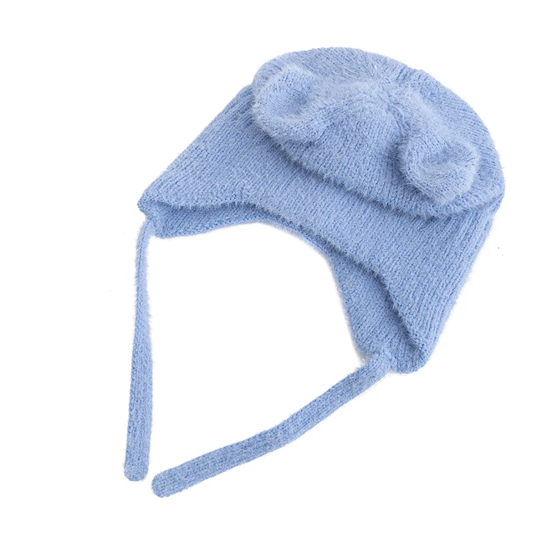 Color: WHITE, Size: One Size - New Women Cute Cat Ear Earflap Winter Hat Fashion Windproof Knitted Hat Kpop Style Soft Beanie Hats Candy Colors Streetwear Cap