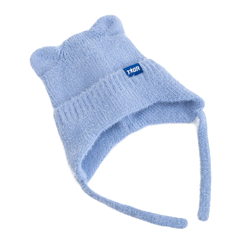 Color: WHITE, Size: One Size - New Women Cute Cat Ear Earflap Winter Hat Fashion Windproof Knitted Hat Kpop Style Soft Beanie Hats Candy Colors Streetwear Cap