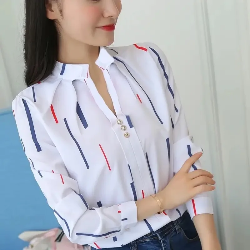 Color: Beige, Size: M - Women White Tops Blouses Fashion Stripe Print Casual Long Sleeve Office Lady OL Shirts Slim Blusas DF4970