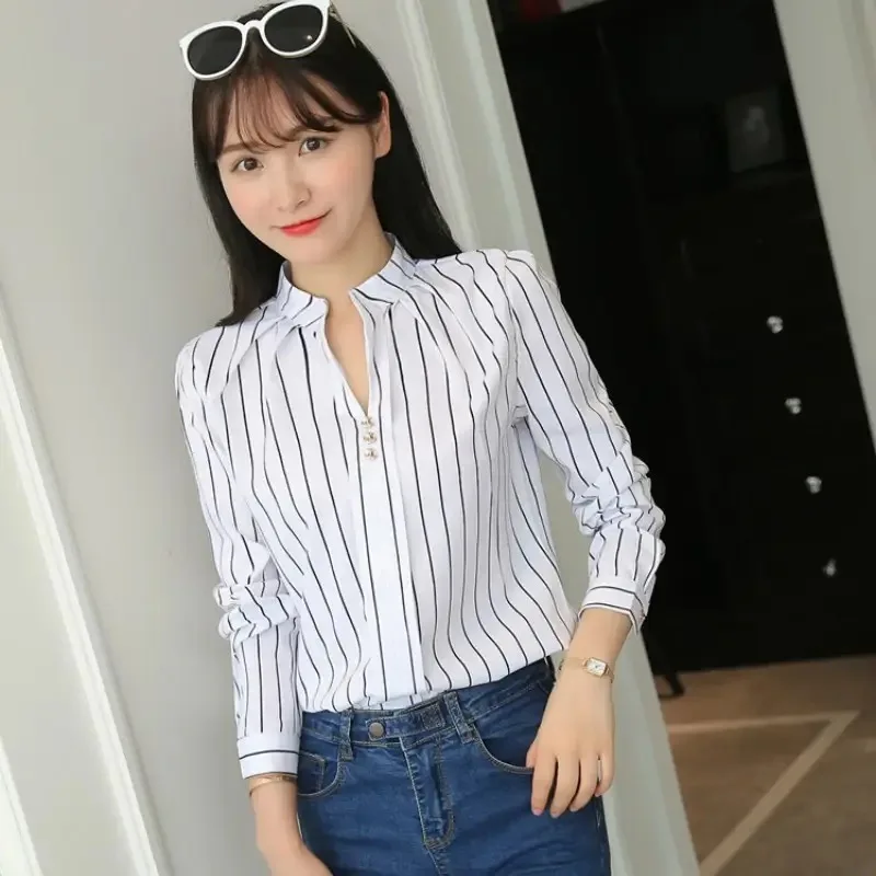 Color: Beige, Size: M - Women White Tops Blouses Fashion Stripe Print Casual Long Sleeve Office Lady OL Shirts Slim Blusas DF4970