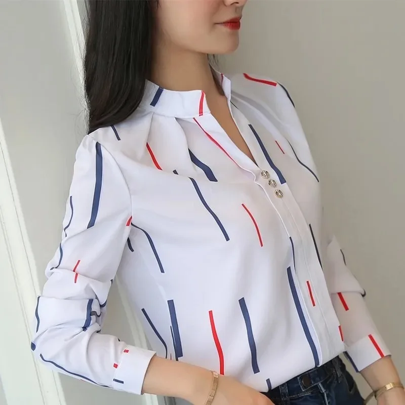 Color: Beige, Size: M - Women White Tops Blouses Fashion Stripe Print Casual Long Sleeve Office Lady OL Shirts Slim Blusas DF4970