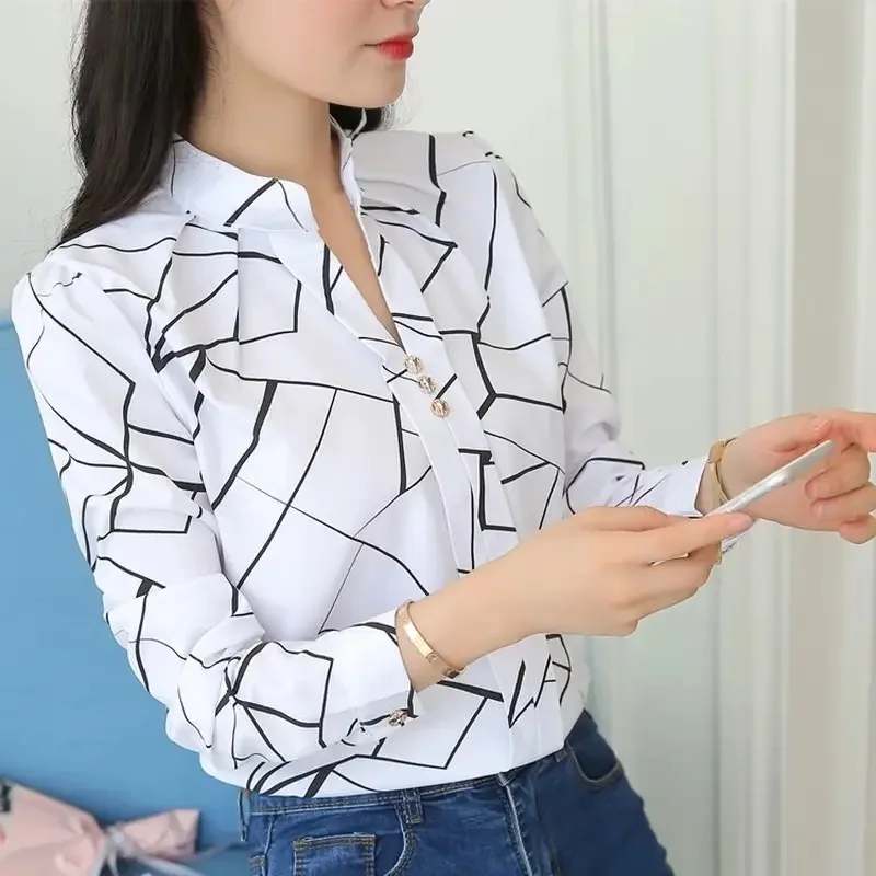 Color: Beige, Size: M - Women White Tops Blouses Fashion Stripe Print Casual Long Sleeve Office Lady OL Shirts Slim Blusas DF4970