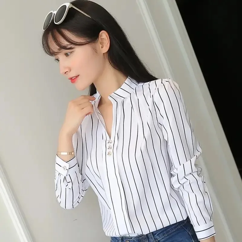 Color: Beige, Size: M - Women White Tops Blouses Fashion Stripe Print Casual Long Sleeve Office Lady OL Shirts Slim Blusas DF4970