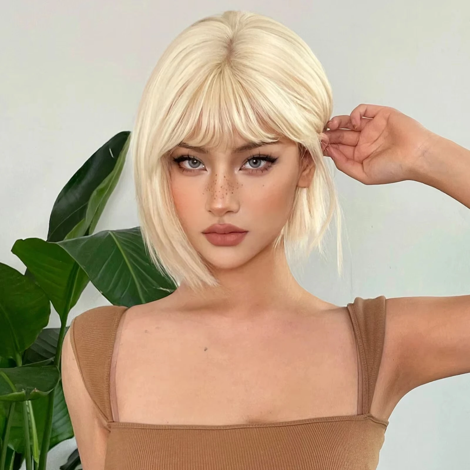 Color: #17 - Short Straight Bob Light blonde synthetic wig Ladies straight bangs Hot silk wig Christmas party Cosplay daily wear wig
