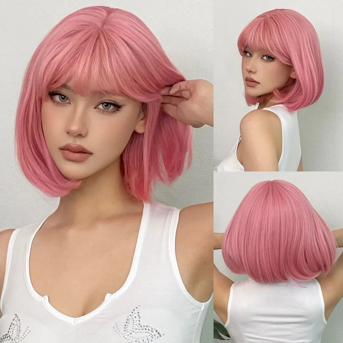 Color: #17 - Short Straight Bob Light blonde synthetic wig Ladies straight bangs Hot silk wig Christmas party Cosplay daily wear wig