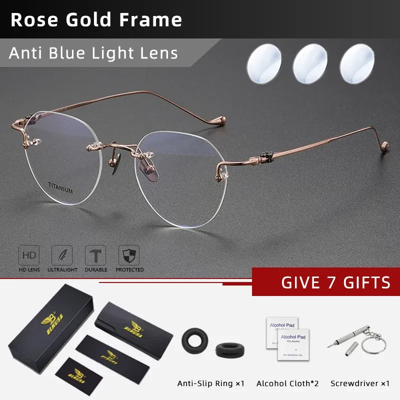 Frame Color: Pink, Eye Prescription: +150 - BLMUSA Pure Titanium Rimless Anti-blue Light Reading Glasses for Men Round Photochromic Optical Prescription with MR-8 lens