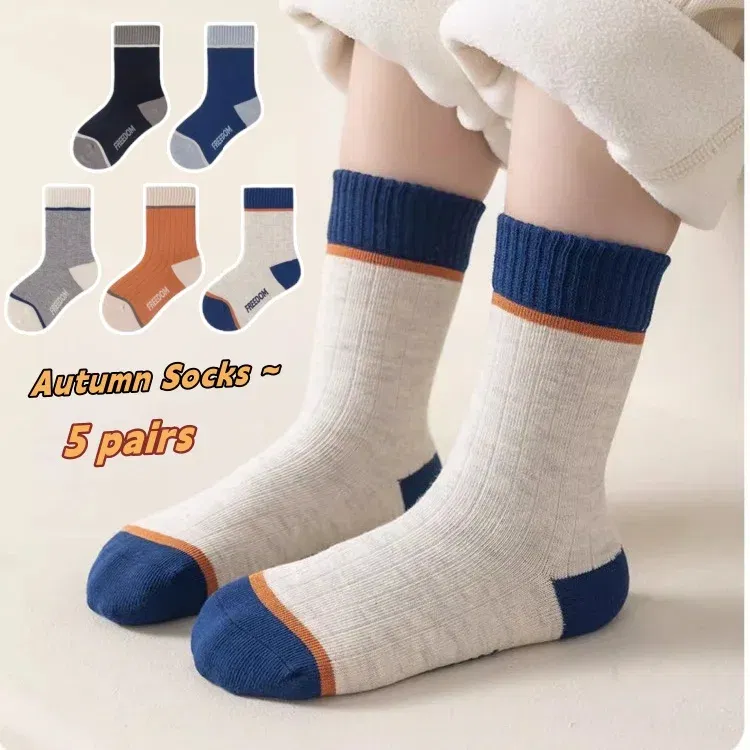 Color: Blue, Size: 2-3T - 5 Pairs Children's Socks Spring Autumn Socks Kids Boys Cotton Socks Baby Letter Pattern Mid Calf Sock