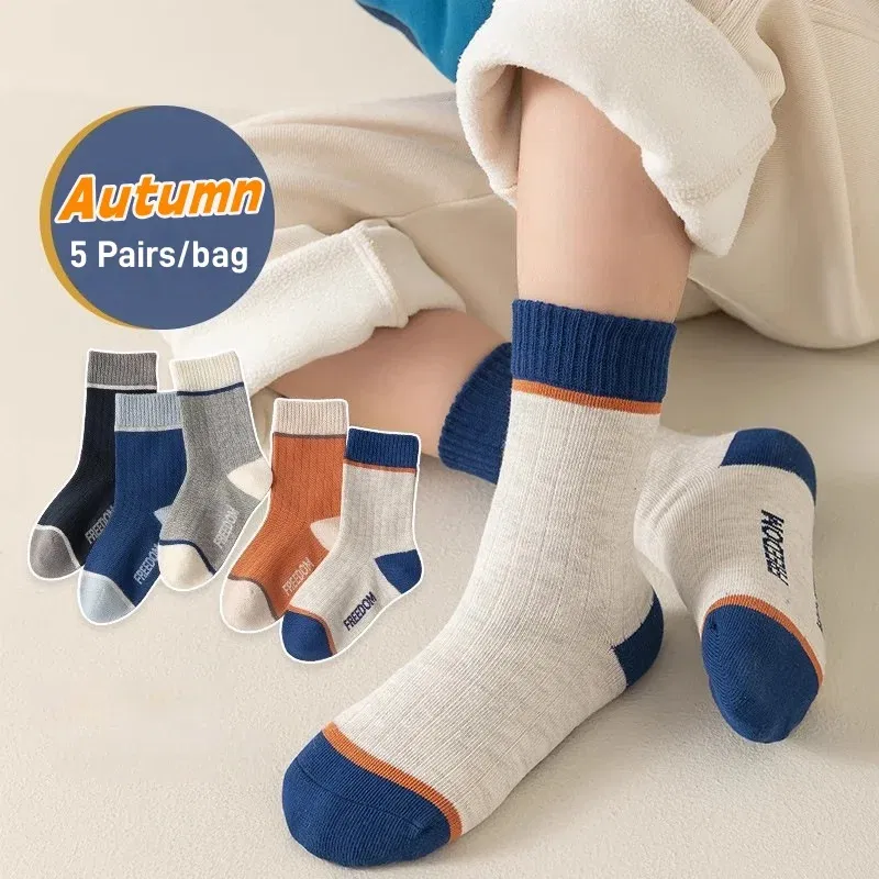 Color: Blue, Size: 2-3T - 5 Pairs Children's Socks Spring Autumn Socks Kids Boys Cotton Socks Baby Letter Pattern Mid Calf Sock