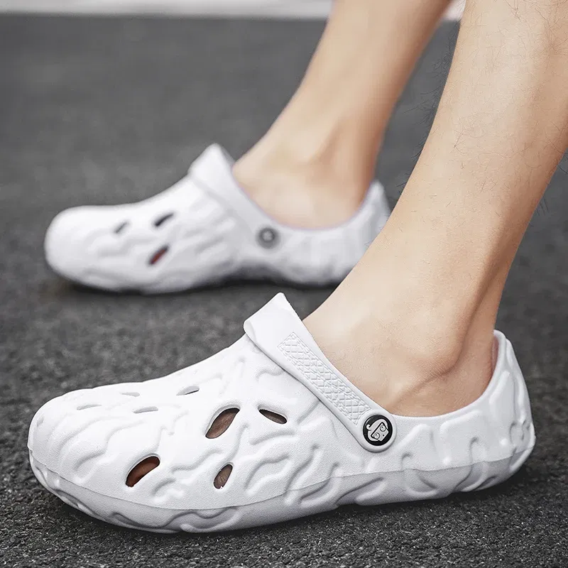 Color: Beige, Shoe Size: 47 - Men Summer Slippers Thick Sole Mens Clogs Sandals Hollow Breathable Flip Flops Sandals Shoes Fashion Beach Slippers