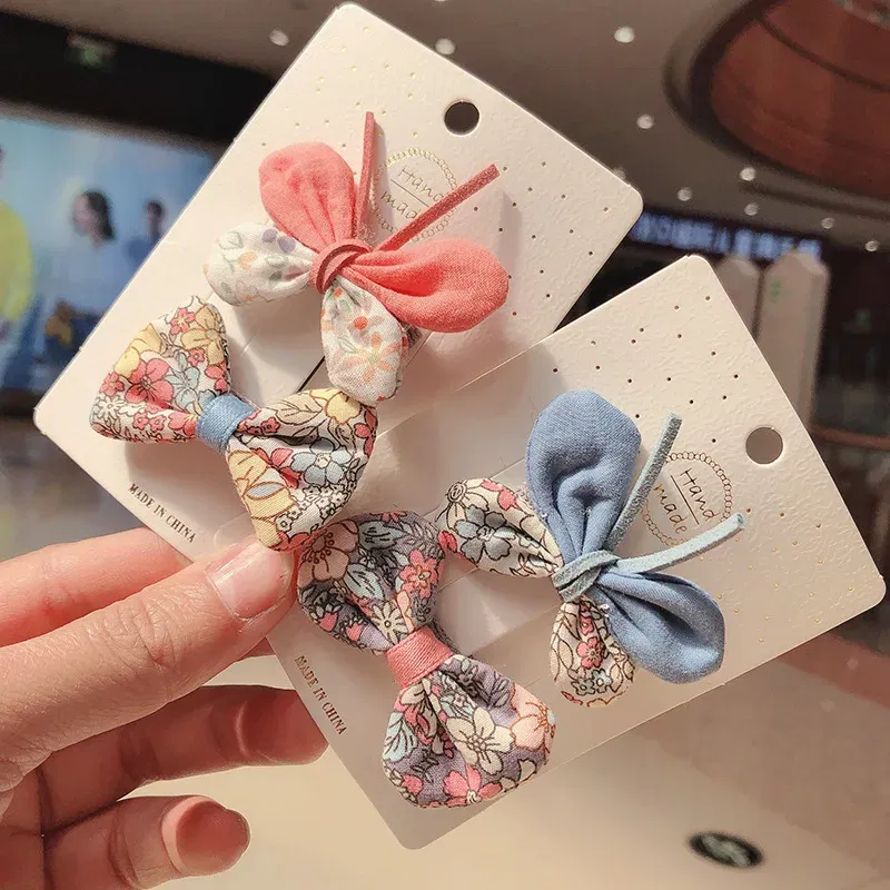 Color: Beige - 2PCS Set Children Girl Bow Butterfly Hair Clip Print Knot Hairpin Korean Princess Fresh Cute Lovely Hair Accessories Headdress