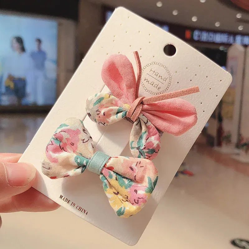 Color: Beige - 2PCS Set Children Girl Bow Butterfly Hair Clip Print Knot Hairpin Korean Princess Fresh Cute Lovely Hair Accessories Headdress