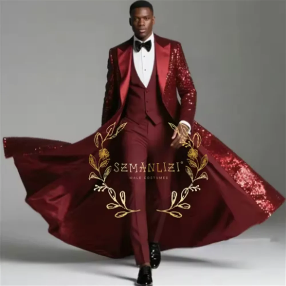 Color: Red, Size: 6XL - Burgundy Shiny Sequin Suits Men 3 Pieces Sets Single Breasted Groom Long Blazer Costume Homme Wedding Tuxedo Male Clothing