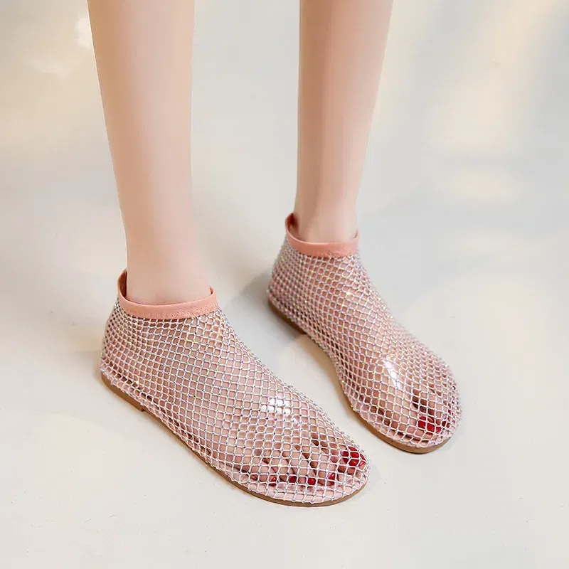 Color: Gold, Shoe Size: 43 - Women Summer New Fashion Mesh Luxurious Rhinestone Designer Simple Solid Color Sandals Daily Versatile Round Toe Womens Sandal