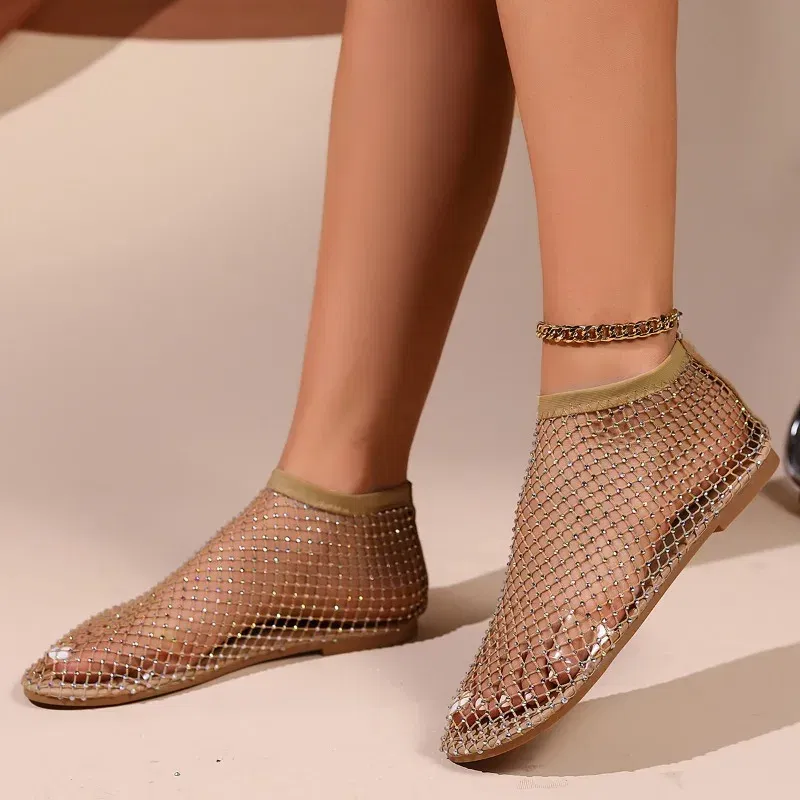 Color: Gold, Shoe Size: 43 - Women Summer New Fashion Mesh Luxurious Rhinestone Designer Simple Solid Color Sandals Daily Versatile Round Toe Womens Sandal