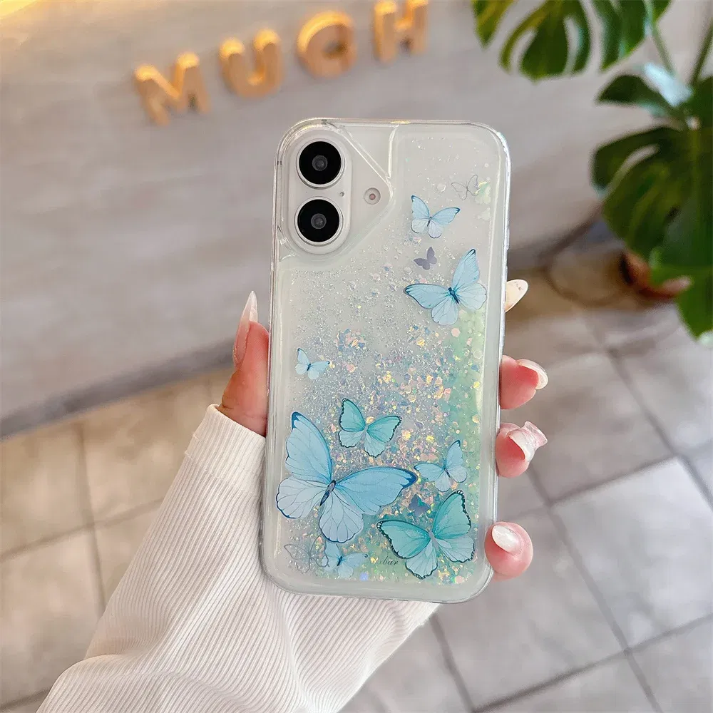 Color: Blue, Material: Acrylic - Luminous Quicksand Glitter Butterfly Case for iPhone 16 15 14 Pro Max Plus 13 12 Mini 11 X Xs XR Soft Silicone Bling Shiny Cover