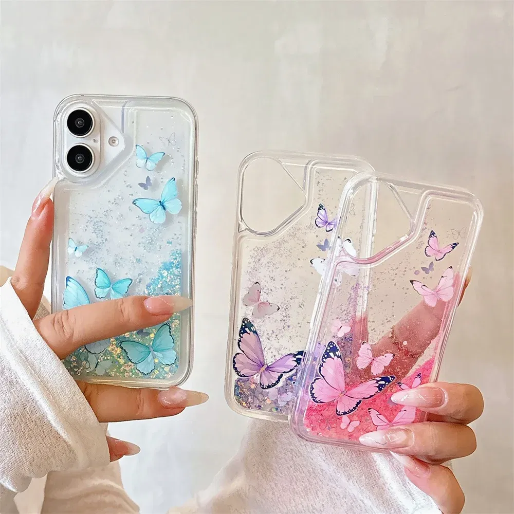 Color: Blue, Material: Acrylic - Luminous Quicksand Glitter Butterfly Case for iPhone 16 15 14 Pro Max Plus 13 12 Mini 11 X Xs XR Soft Silicone Bling Shiny Cover