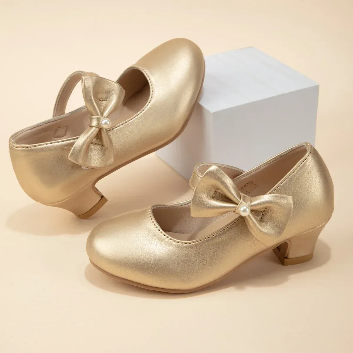 Shoe Size: 29, Color: Gold - Children's Bowknot Wedding Party Princess Shoes Big Kids White Gold Dance Dress Shoes Small Square Heel Children's Shoes