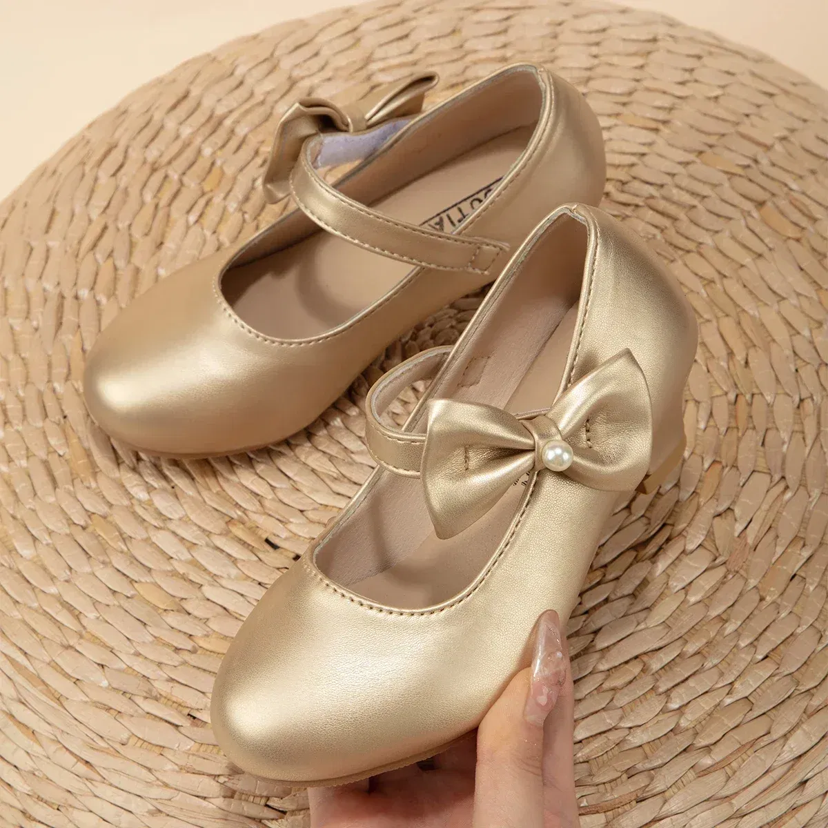 Shoe Size: 29, Color: Gold - Children's Bowknot Wedding Party Princess Shoes Big Kids White Gold Dance Dress Shoes Small Square Heel Children's Shoes