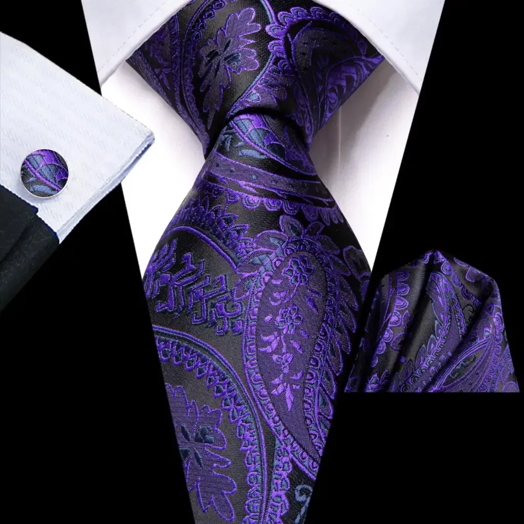 Color: black - Hi-Tie Purple Paisley Silk Elegent Tie for Men Novelty Design Handky cufflink Tie Set Party Business Wedding Dropshipping