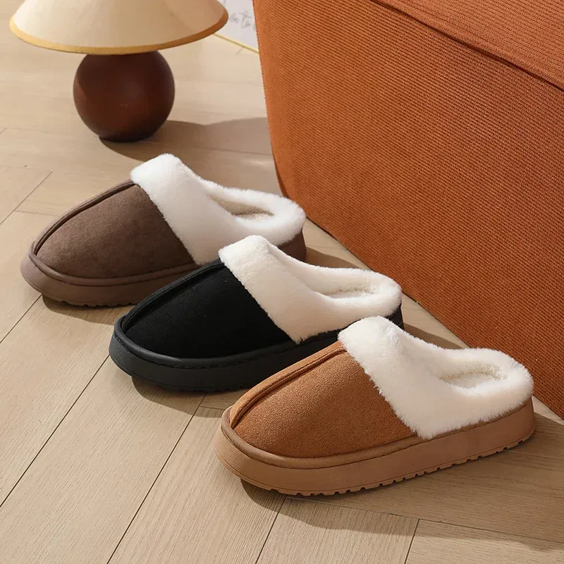 Color: Straw, Shoe Size: 38-39, Ships From: CHINA - Asgard Plush Women Slippers Thick Sole Non-slip Outdoor Fuzzy Slides Winter New Fur Collar Cotton Shoes Winter Warm Home Slipper
