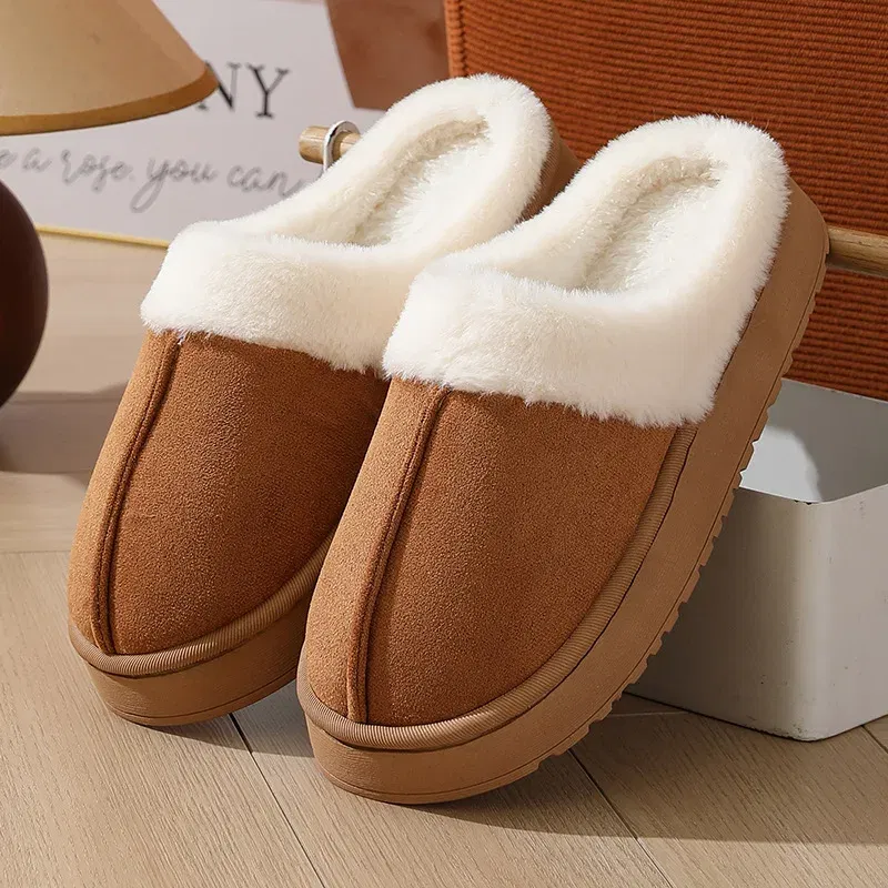 Color: Straw, Shoe Size: 38-39, Ships From: CHINA - Asgard Plush Women Slippers Thick Sole Non-slip Outdoor Fuzzy Slides Winter New Fur Collar Cotton Shoes Winter Warm Home Slipper