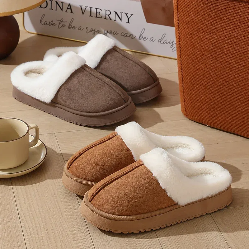 Color: Straw, Shoe Size: 38-39, Ships From: CHINA - Asgard Plush Women Slippers Thick Sole Non-slip Outdoor Fuzzy Slides Winter New Fur Collar Cotton Shoes Winter Warm Home Slipper