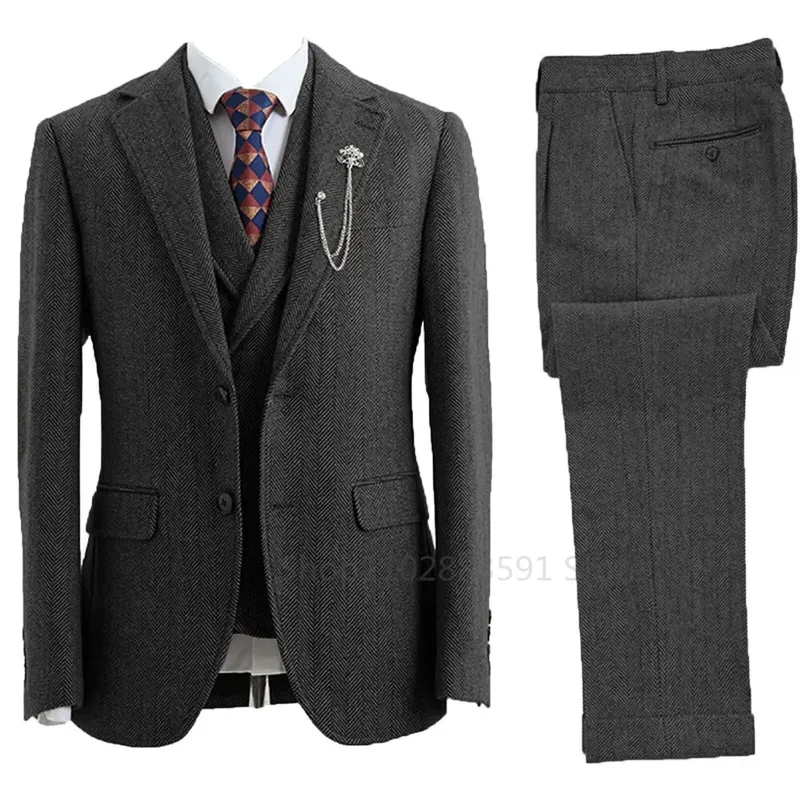 Color: Dark Grey, Size: XXXL - 3 Piece Men Suit Tweed Herringbone Double-Breasted Wedding Tuxedos Size Men Clothing Casual Style Men's Fashion Costume Homme