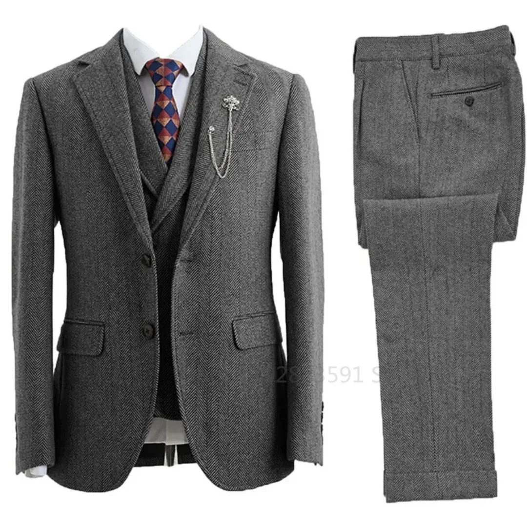 Color: Dark Grey, Size: XXXL - 3 Piece Men Suit Tweed Herringbone Double-Breasted Wedding Tuxedos Size Men Clothing Casual Style Men's Fashion Costume Homme