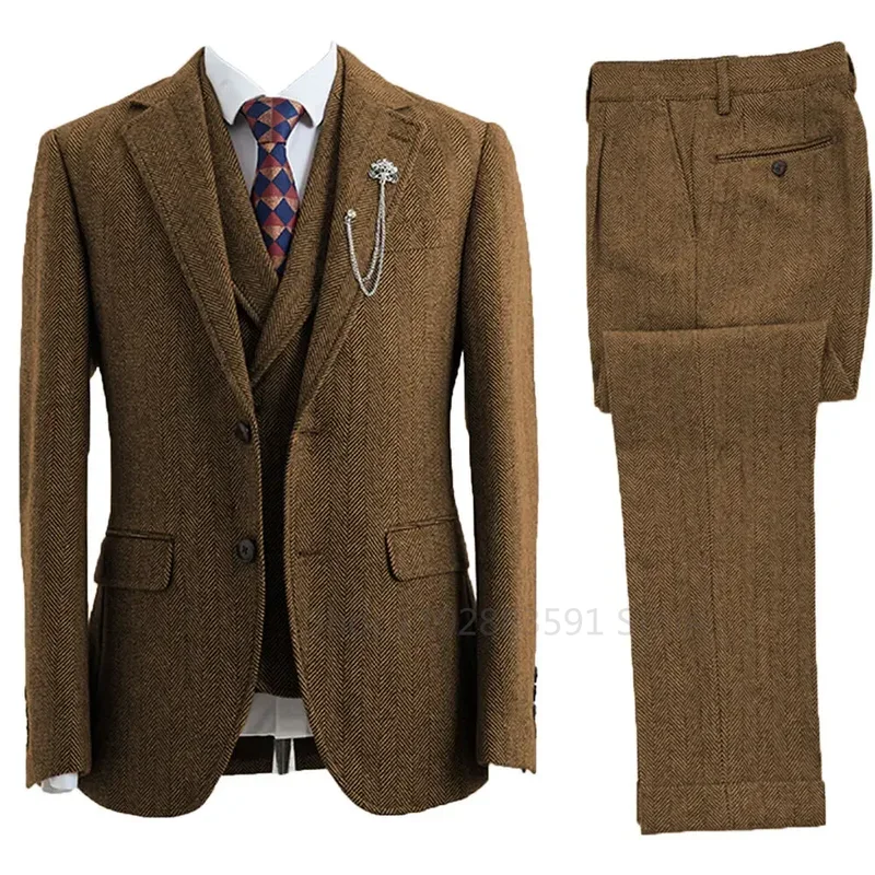 Color: Dark Grey, Size: XXXL - 3 Piece Men Suit Tweed Herringbone Double-Breasted Wedding Tuxedos Size Men Clothing Casual Style Men's Fashion Costume Homme