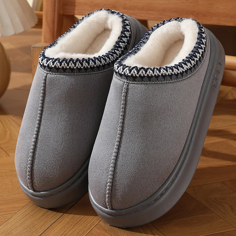 Color: GRAY, Shoe Size: 36-37 - Comfort Thick Bottom Cotton Slippers Women 2025 Winter Warm Thick Plush Non Slip Furry Clogs Shoes Embroidery Suede Snow Boots