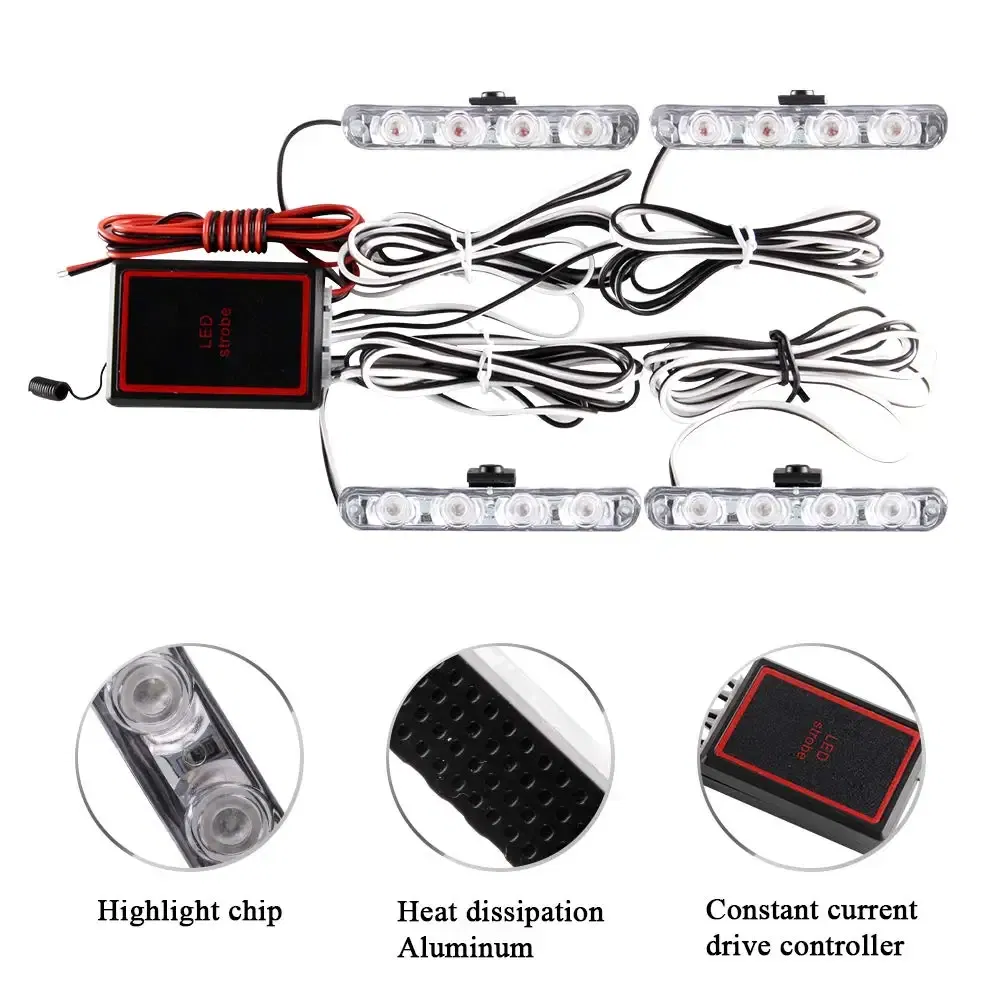 Emitting Color: Crystal Blue - 4 In 1 Red Blue Emergency Strobe Lights Police Lights 12V With Wireless Remote Control Flash Grille Light for Cars Truck Van SUV