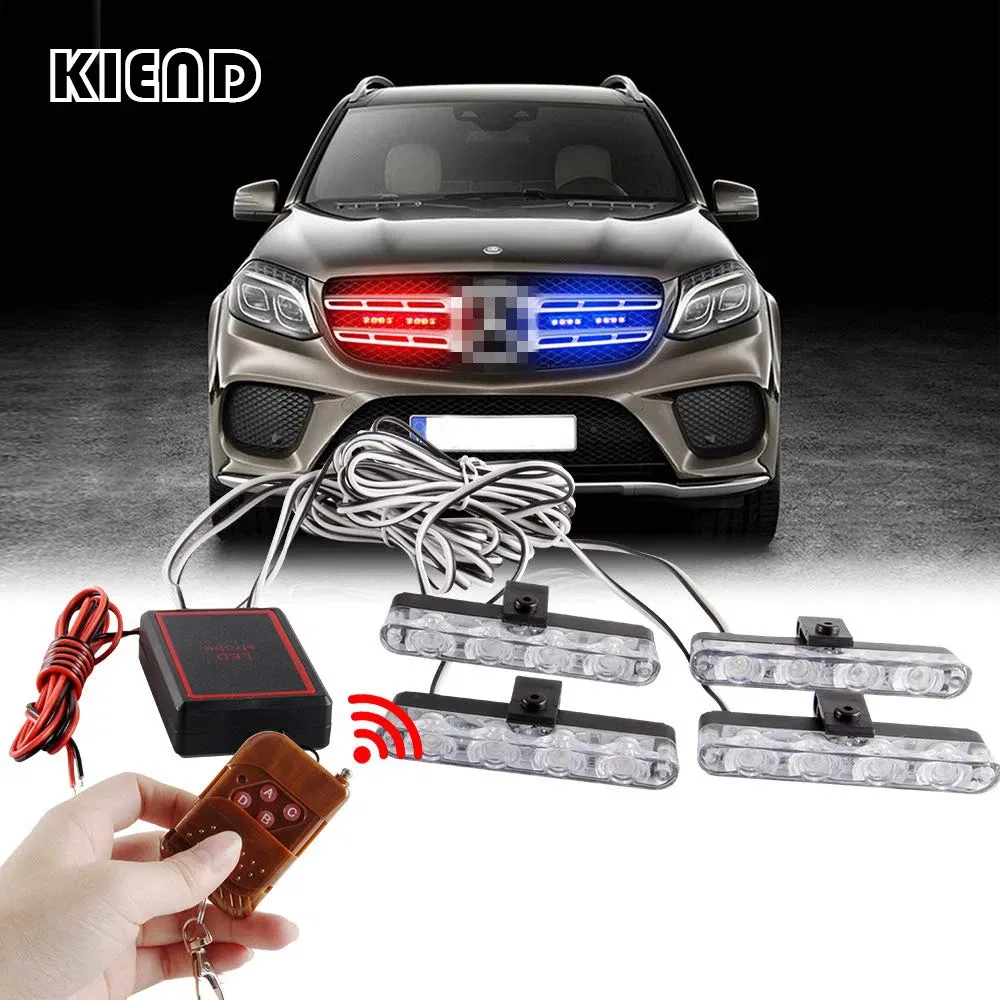Emitting Color: Crystal Blue - 4 In 1 Red Blue Emergency Strobe Lights Police Lights 12V With Wireless Remote Control Flash Grille Light for Cars Truck Van SUV