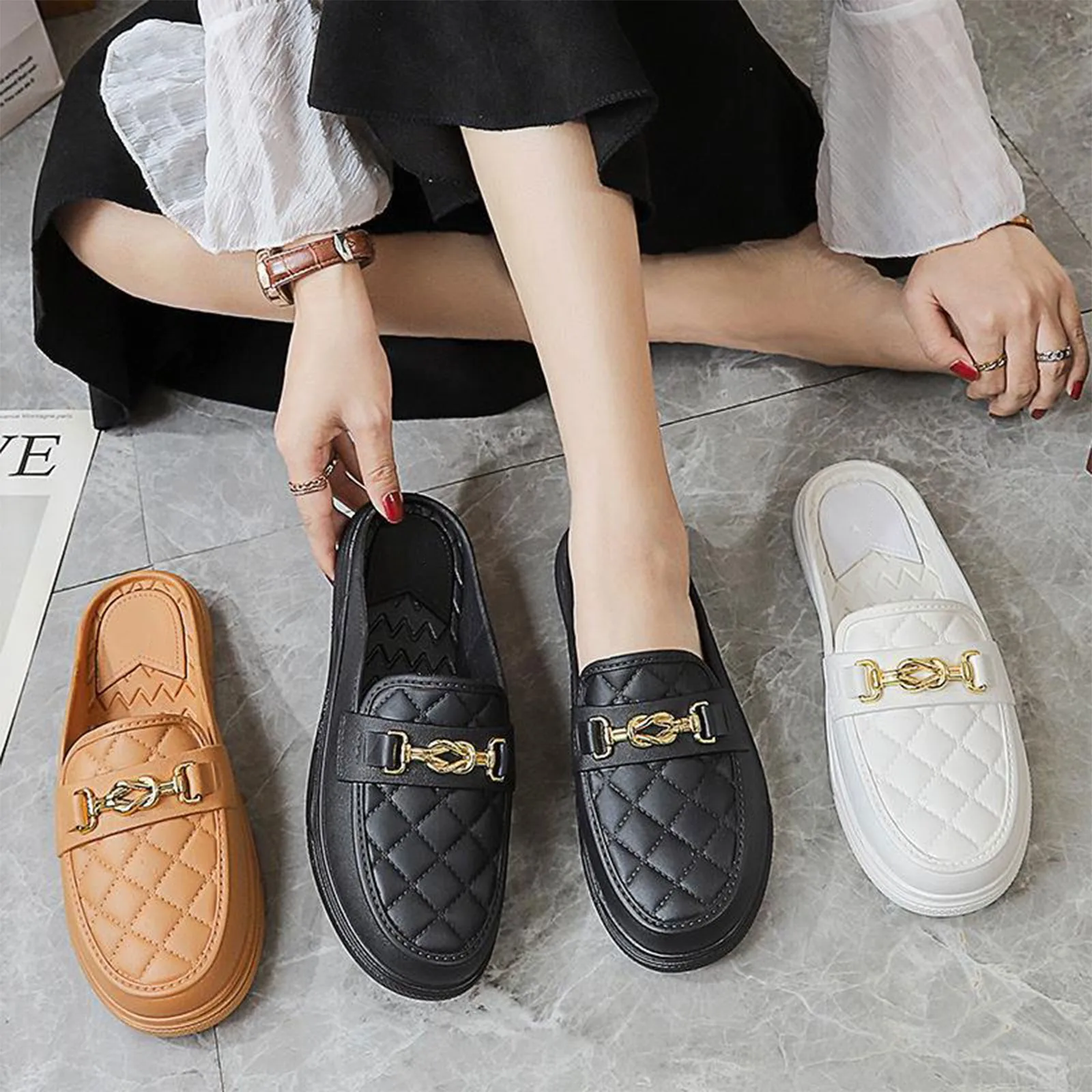 Color: Khaki, Shoe Size: 36 - Summer New Style Women's Soft Bottom Anti-slip Versatile Outer Wear Beach Flat Bottom Lazy Person One Step Casual Half Slippers