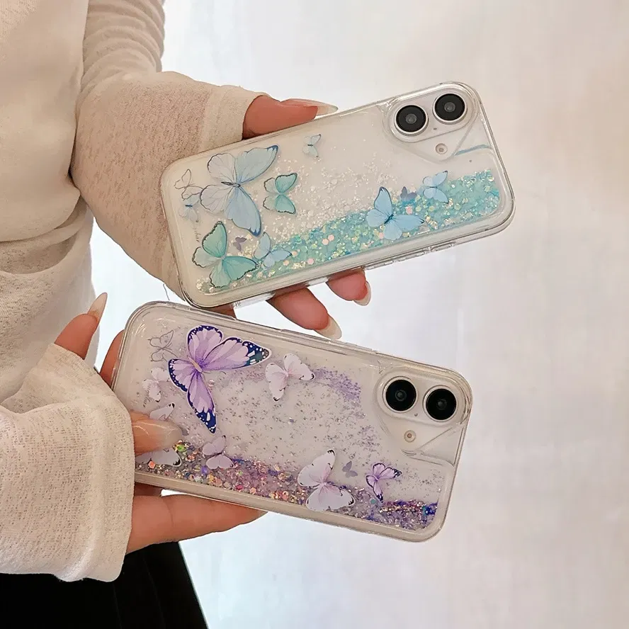 Color: PURPLE, Material: PC - Luminous Quicksand Glitter Butterfly Case for iPhone 16 15 14 Pro Max Plus 13 12 Mini 11 X Xs XR Soft Silicone Bling Shiny Cover