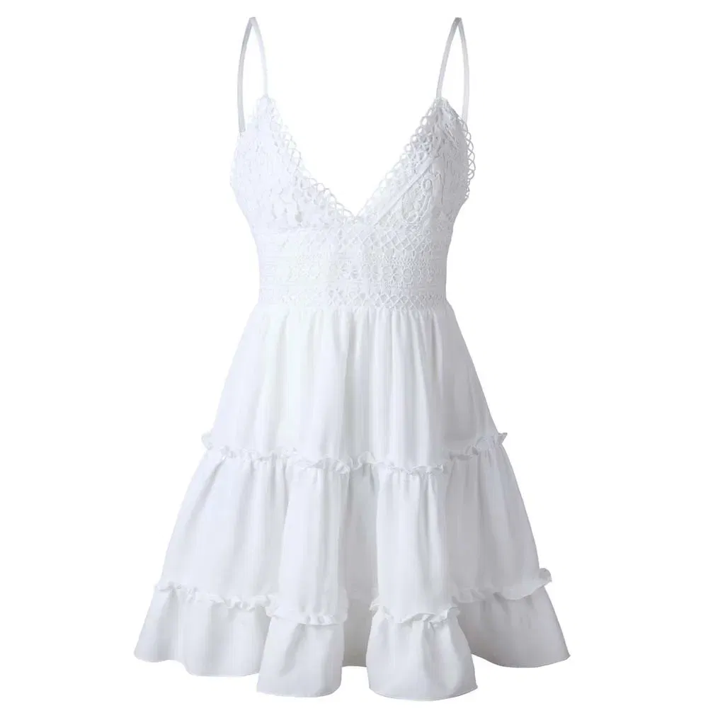 Color: WHITE, Size: L, Ships From: CN - Summer A-Line Beach Dress Spaghetti Strap Lace Floral White Mini Dresses Ruffles Backless Holiday Sundresses Women Sundresses
