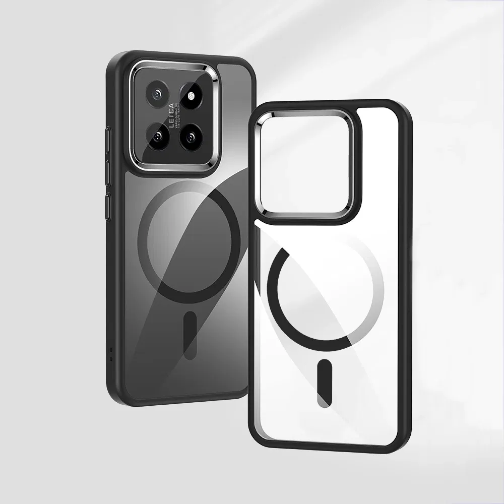 Color: Black, Material: ABS - Luxury HD Transparent Shockproof Bumper Case For Xiaomi Mi 14 Pro Ultra For Magsafe Magnetic Wireless Charge Back Cover Shell