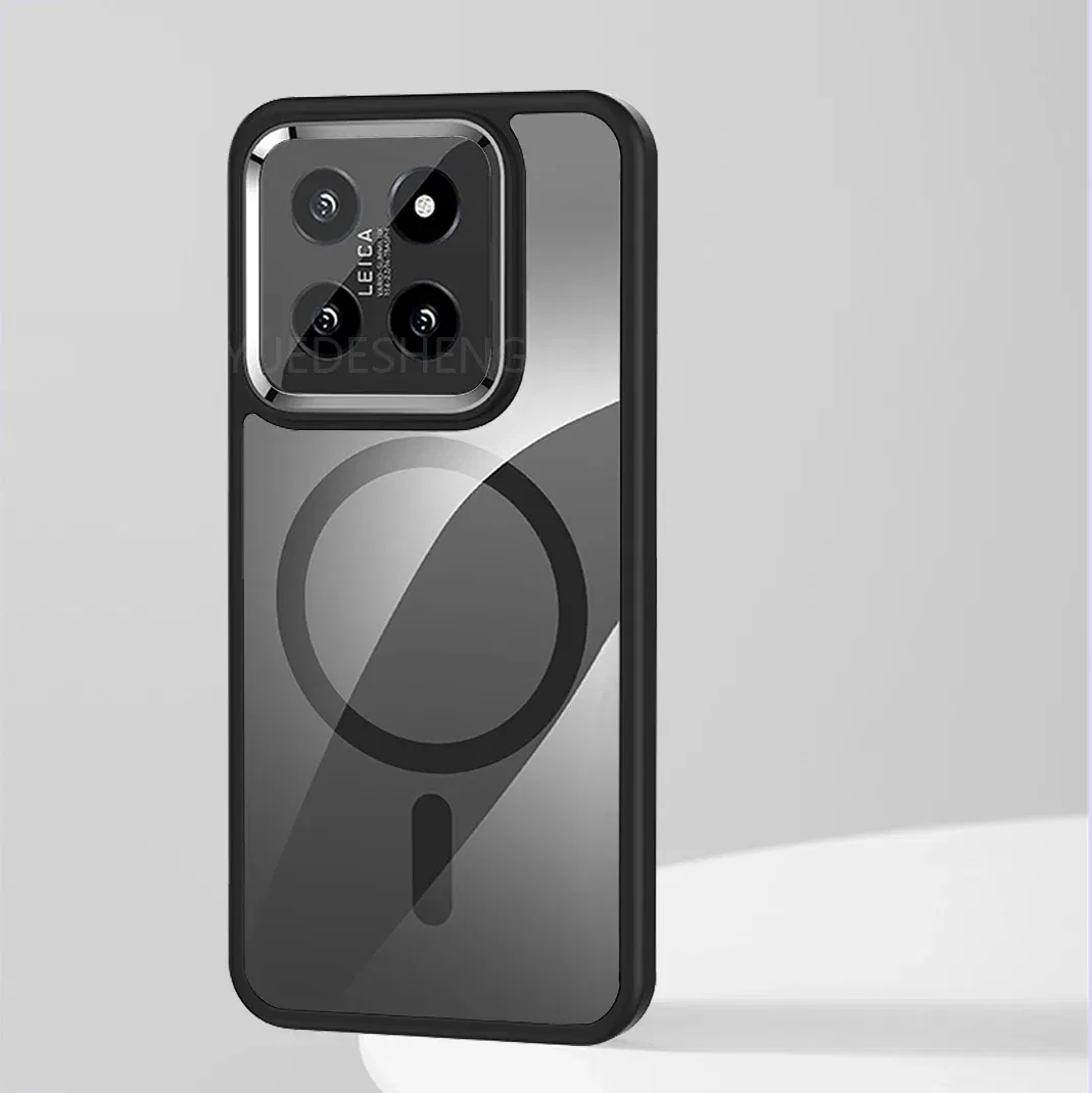 Color: Black, Material: ABS - Luxury HD Transparent Shockproof Bumper Case For Xiaomi Mi 14 Pro Ultra For Magsafe Magnetic Wireless Charge Back Cover Shell