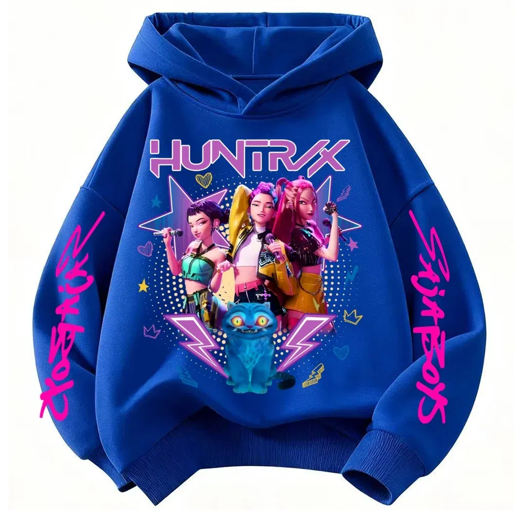 Color: Blue, Kid Size: 5 - Demone Hunter Girl's Pink Hooded Streetwear Autumn Cute Anime Baby Pullover Kids Y2K Kawaii Long Sleeved T-shirt Casual Clothes