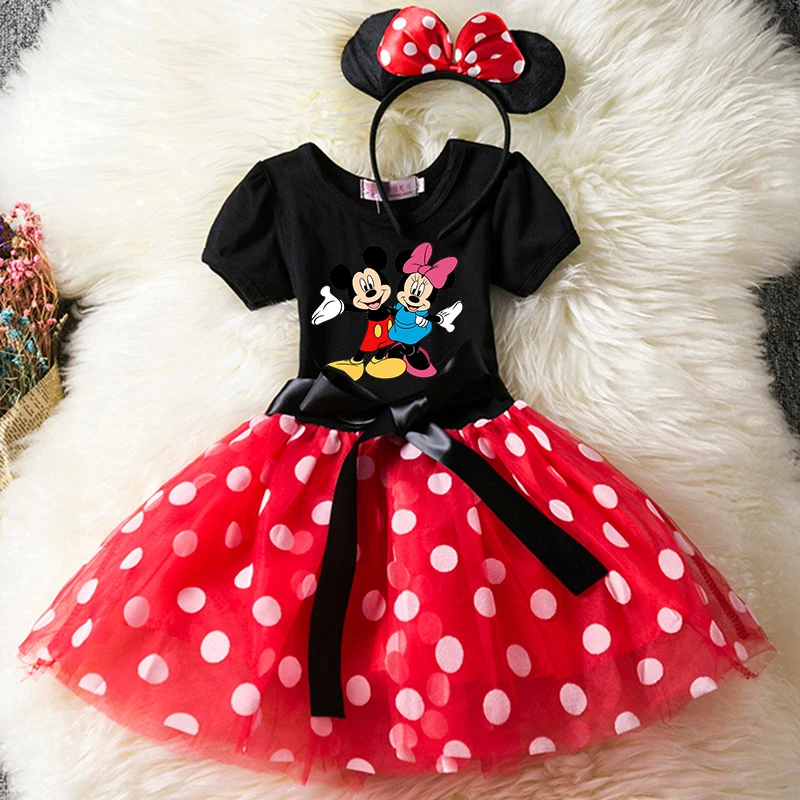 Color: Yellow, Size: XXS - Cartoon Mickey Minnie Mouse Kids Short Sleeve Polka Dot Princess Dress 1-6Y Party Baby Girls Clothes Cosplay Costumes