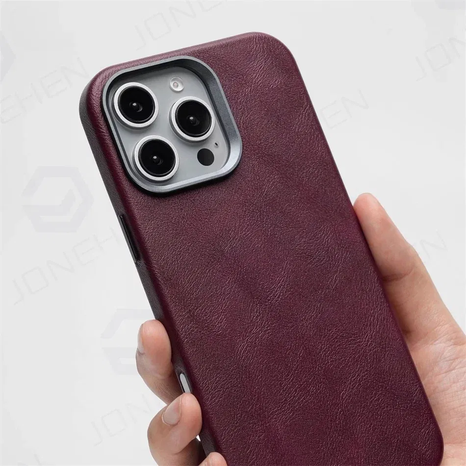 Color: Purple Pink, Material: PC - High-end Retro Oil Wax Pattern Magnetic For Magsafe Leather Case For iPhone Air 15 14 Plus 13 16 17 Pro Max Camera Button Cover