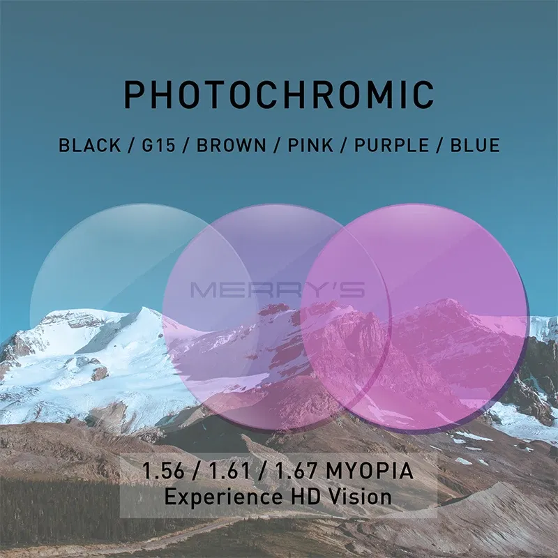 Lenses Color: Pink, Lens Index: 1.56 - MERRYS Photochromic Gray Green Brown Pink Purple Blue Series 1.56 1.61 1.67 Prescription Glasses Lenses For Myopia Hyperopia