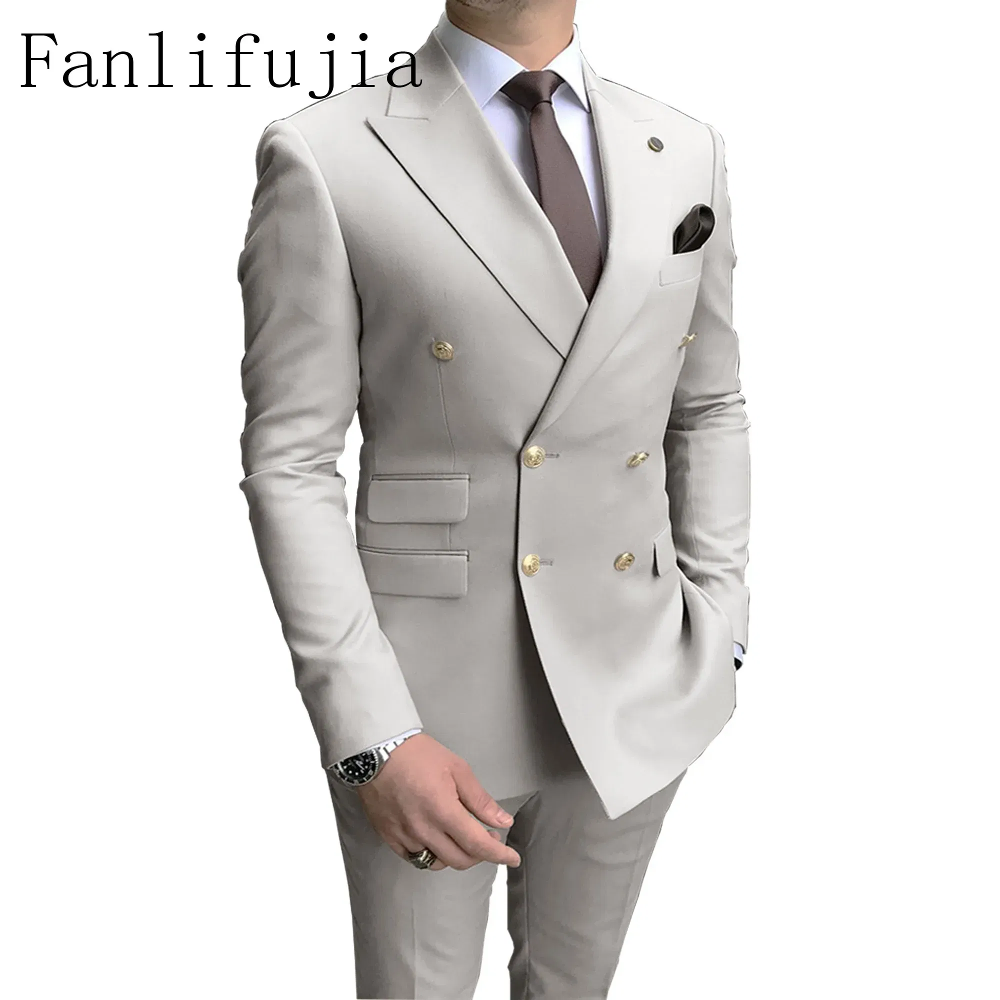 Color: GRAY, Size: XXL - Fanlifujia Store 2024 Casual Sky Blue Men Suits Double Brested Peak Lapel  Gold Button Groom Wedding Tuxedos Best Costume Homme