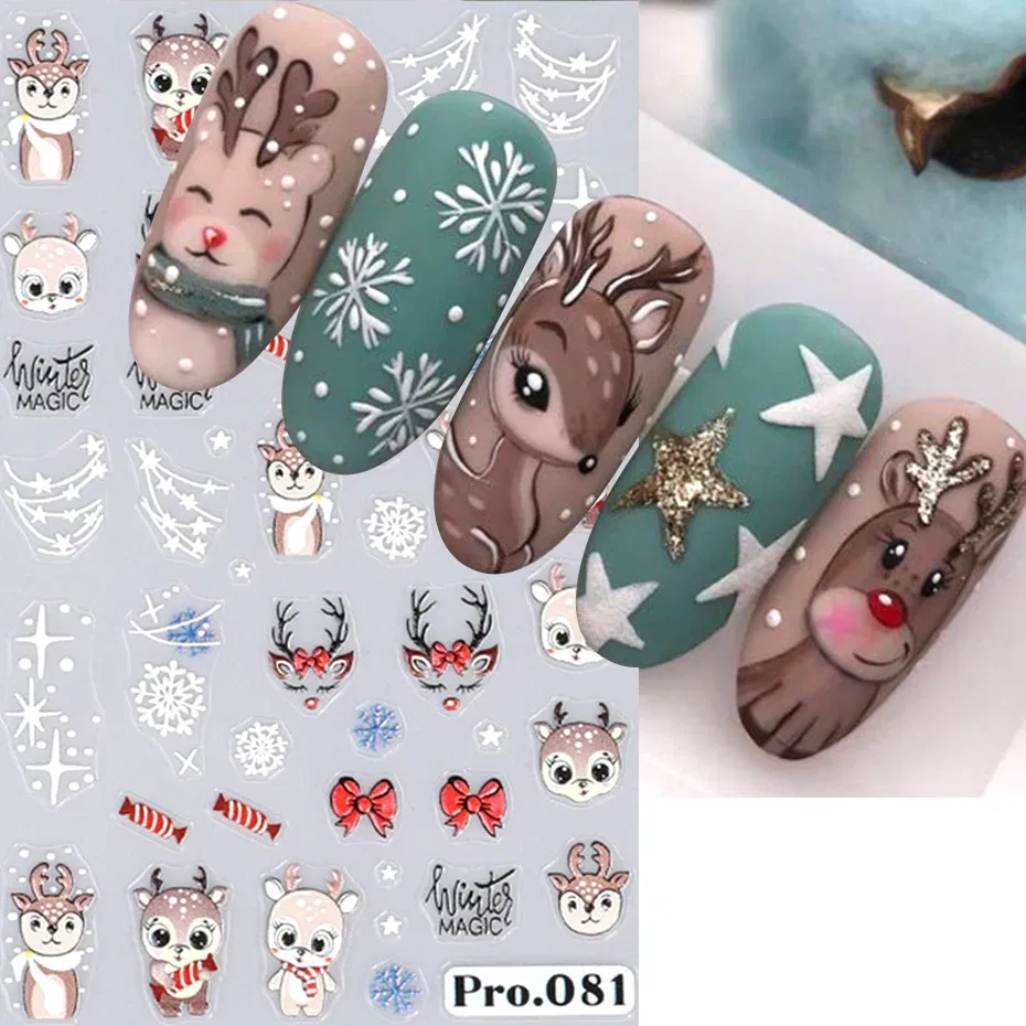 Color: Fuchsia - 5D Embossed Elk Nail Art Sticker Cute Christmas Winter Santa Claus Snowflake Gingerbread Man Engraved Slider Manicure Decoration