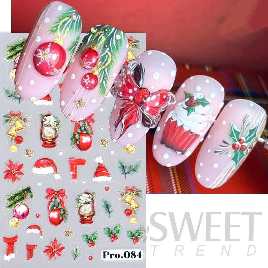 Color: Fuchsia - 5D Embossed Elk Nail Art Sticker Cute Christmas Winter Santa Claus Snowflake Gingerbread Man Engraved Slider Manicure Decoration