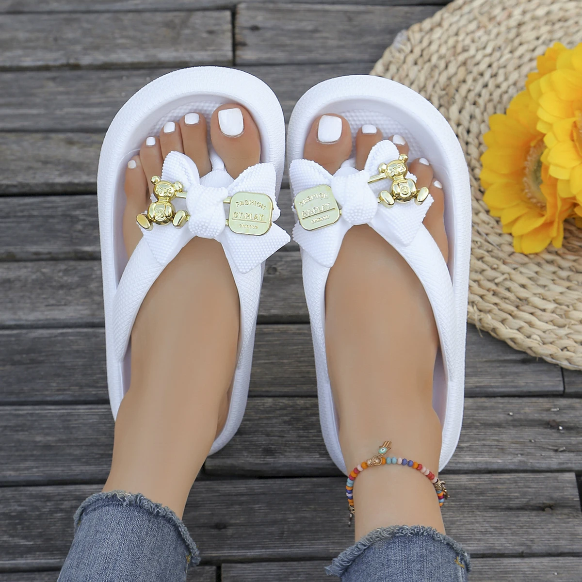 Color: black, Shoe Size: 42-43 - Summer Multi Color Women's Flip Flops Fashionable Metallic Teddy Bear Bow Slide Sandal Beach Vacation Home Versatile  Footwear