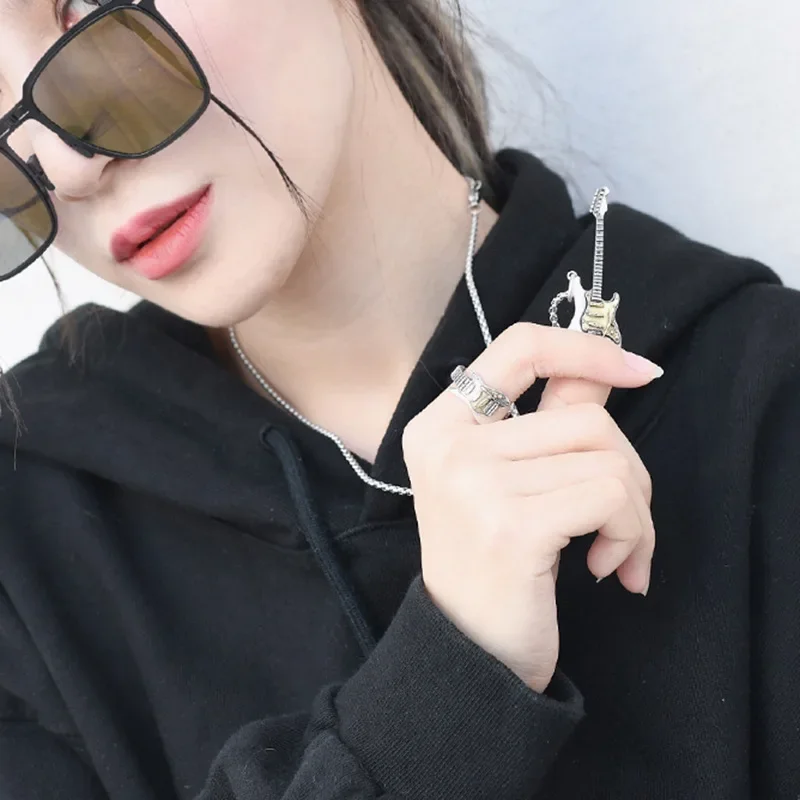 Metal Color: Light Yellow Color - Retro Punk Music Guitar Necklace for Men Personalized Gothic Pendant Fashion Hip Hop Rock Singer Jewelry Gift