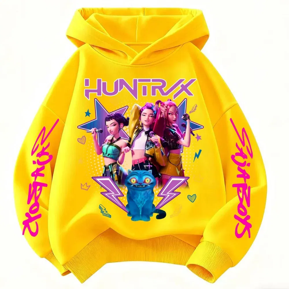 Color: black, Kid Size: 7 - Demone Hunter Girl's Pink Hooded Streetwear Autumn Cute Anime Baby Pullover Kids Y2K Kawaii Long Sleeved T-shirt Casual Clothes