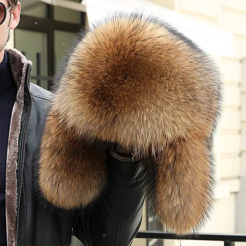 Color: Pink, Hat Size: 55 - 2025 Winter 100% Real Silver Fox Fur Bomber Hat Raccoon Fur Ushanka Cap Trapper Russian Men's Ski Hats Caps